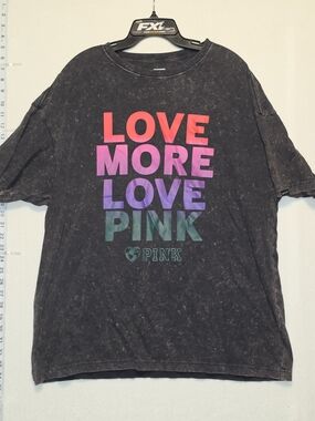 PINK Victoria's Secret Black Mineral Wash Tee with Rainbow Gradient Text